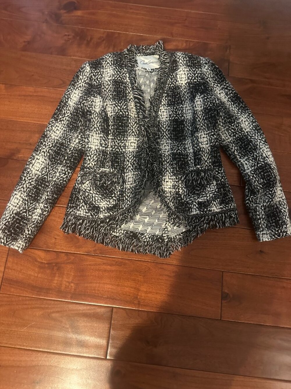 Carol Anderson by Invitation Black Ivory Tweed Fringe Jacket Size 2